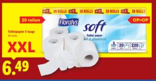 Floralys 20 rollen closetpapier voor €6,49 bij de Lidl