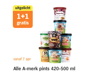 1+1 gratis op Alle A-merk pints 420-500 ml bij de AH