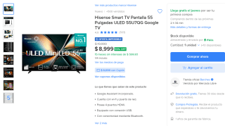 Smart TV Hisense 55U7QG 55" ULED MiniLED por $7,379 en Mercado Libre