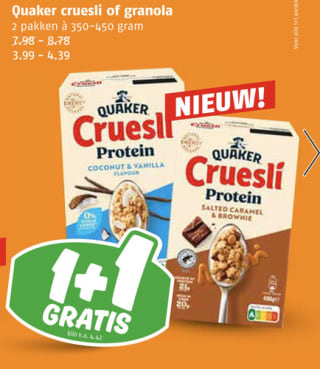 1+ 1 gratis op Quaker cruesli of granola bij poiesz