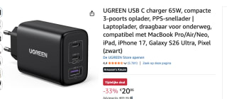 Ugreen 65W Fast Wall Charger, USB-A & 2 x USB-C voor €20,86 bij Amazon