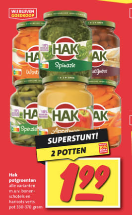 2 Potten Hak groenten in pot of appelmoes 330-370 gr voor €2 bij Nettorama