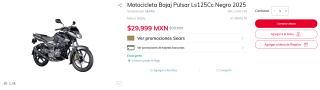 Motocicleta Bajaj Pulsar LS 125cc por $20,308 | Sears (Banorte)