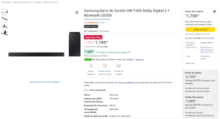 Samsung Barra de Sonido HW-T420 por $1,529 en Amazon