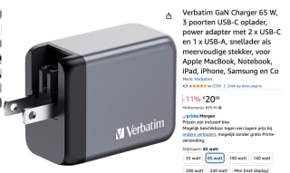 VERBATIM GNC-65 GaN-netlader 3-poorts 65W USB A/C voor €20,68 bij Amazon