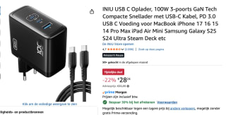 INIU USB C Oplader, 100W 3-poorts GaN Tech Compacte Snellader voor €19,77 bij Amazon