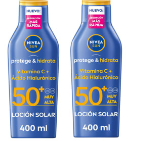 2 Botes de Nivea Sun Protege & Hidrata Leche Solar FP50+ de 400ml por 14.79€