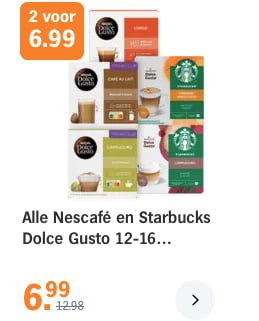 Alle Nescafé en Starbucks Dolce Gusto 12-16 capsules 2 voor €6,99 bij de AH
