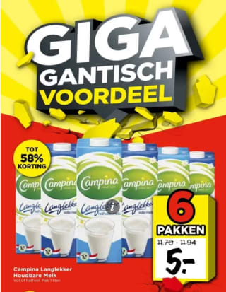 6 pakken Campina langlekker houdbare melk voor €5 bij Vomar