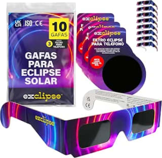 10 Gafas Eclipse Solar con 3 Filtros para Móvil Certificadas ISO 12312-2 por 8.99€