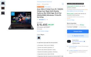 Laptop Acer Nitro V i5 16GB 512GB RTX 5050 por $15,495 | Mercado Libre