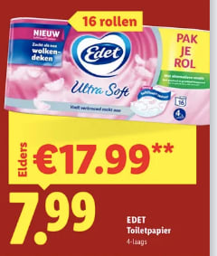 Edet Ultra Soft toiletpapier (16 rollen) voor €7,99 bij Lidl