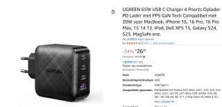 Ugreen 70774 USB-A + 3xUSB-C 65W GaN Tech Snel Oplader voor €26,99 bij Amazon