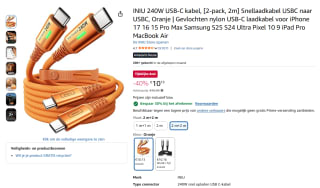 INIU 240W USB-C kabel 2-pack 2m voor €7,09 bij Amazon