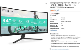 Philips Evnia 34M2C3500L/00 34" Wide Quad HD 180Hz Curved VA monitor voor €169