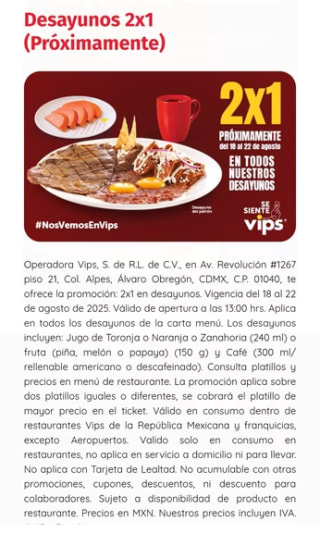 Desayunos al 2X1 en Vips | 18 a 22 de Agosto