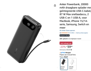 Anker Powerbank, 20000 mAh draagbare oplader voor €39,99 bij Amazon