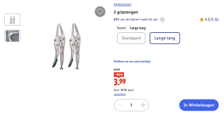 Parkside 2 (lange) griptangen voor 3,99 euro