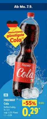 Freeway Cola 1,5 L voor €0,29 bij Lidl in Duitsland