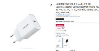 UGREEN 20W USB C Oplader PD 3.0 voor €8,99 bij Amazon