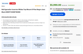 Refrigerador Inverter Midea Top Mount 9 Pies por $5,990 en Walmart