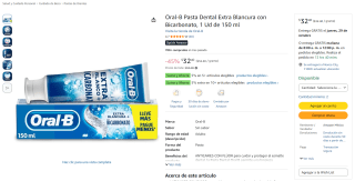 Oral-B Pasta Dental Extra Blancura con Bicarbonato (150 ml) por $32 en Amazon