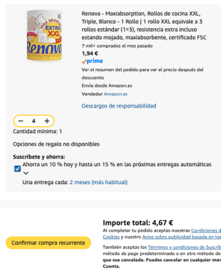 4 rollos Renova Maxiabsorption, Rollos de cocina XXL, Triple por 4.67€