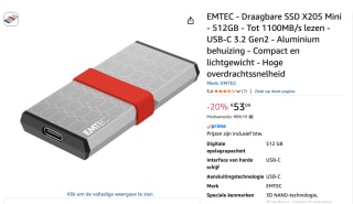 Emtec 3.2Gen2 X205 512GB Portable externe SSD voor €53,04 bij Amazon