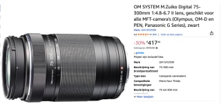 OM System M.Zuiko Digital ED 75-300mm f/4.8-6.7 II Objectief voor €417,44 bij Amazon