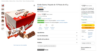 Kinder Bueno, paquete de 10 piezas (43g) por $171 en Amazon
