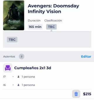 2 Boletos para Avengers Doomsday 4DX por $215 en Cinépolis