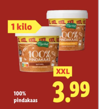 1 Kilo 100% pindakaas xxl voor €3,99 bij de Lidl