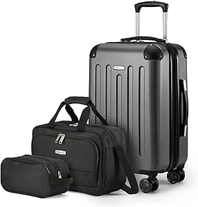 Amazon Basics Hardside Carry-On Spinner Luggage Set, 3-Piece, Carry-On Suitcase, Tote