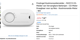 FireAngel FA3313-EUX10 Koolmonoxidemelder voor €14,99 bij Amazon