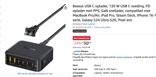 Baseus USB C oplader, 120 W voor €30,48 bij Amazon