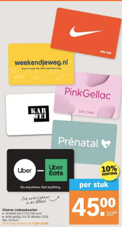 10% korting op diverse cadeaukaarten bij Albert Heijn