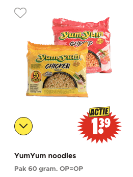 Alle YumYum noodles voor €1,39 bij Dirk