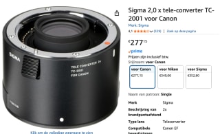 Sigma TC-2001 2.0x Teleconverter Canon voor €277,15 bij Amazon