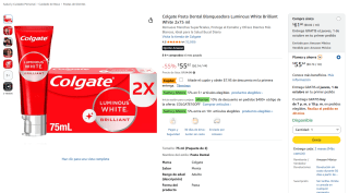 Colgate Pasta Dental Luminous White 2x75 ml por $35 en Amazon
