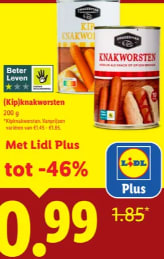 Blik (kip)knakworsten voor €0,99 met de Lidl plus app