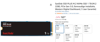 SanDisk SSD PLUS M.2 NVMe PCIe Gen 3.0 interne SSD - 1 TB voor €60,99 bij Amazon