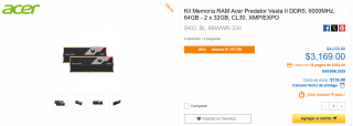 Kit RAM Acer Predator Vesta II DDR5 2x32GB en $3,179 | CyberPuerta