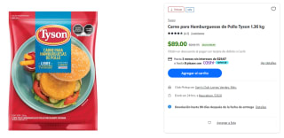 Carne para Hamburguesas de Pollo Tyson 1.36 kg por $89 en Sam's Club
