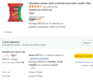 Skwinkles chunks dulce enchilado tiras sabor sandía 130g por $33 en Amazon