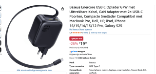 Baseus Enercore USB C Oplader 67W met uittrekbare kabel voor €19,99 bij Amazon