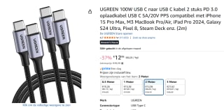 UGREEN 100W USB C naar USB C kabel 2 stuks voor €12,06 bij Amazon