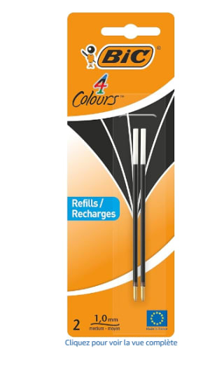 Recharges pour Stylo Bille BIC 4 Couleurs - Encre Noire, Blister de 2 à 0,65€