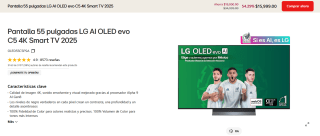 Pantalla LG OLED C5 AI 4K 55" por $12,599 | Banamex MSI