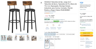 VASAGLE MLBC069B81 2 Taburetes Barra Marrón Rústico por $1,134 | Amazon
