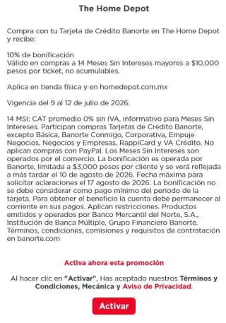Bonificación de 10% a 14 MSI en Home Depot | Banorte